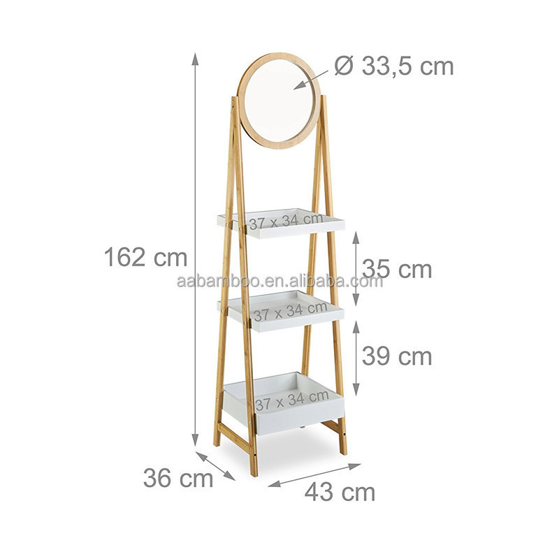 3 tiers Bamboo Ladder Bathroom Storage Shelf with Mirror