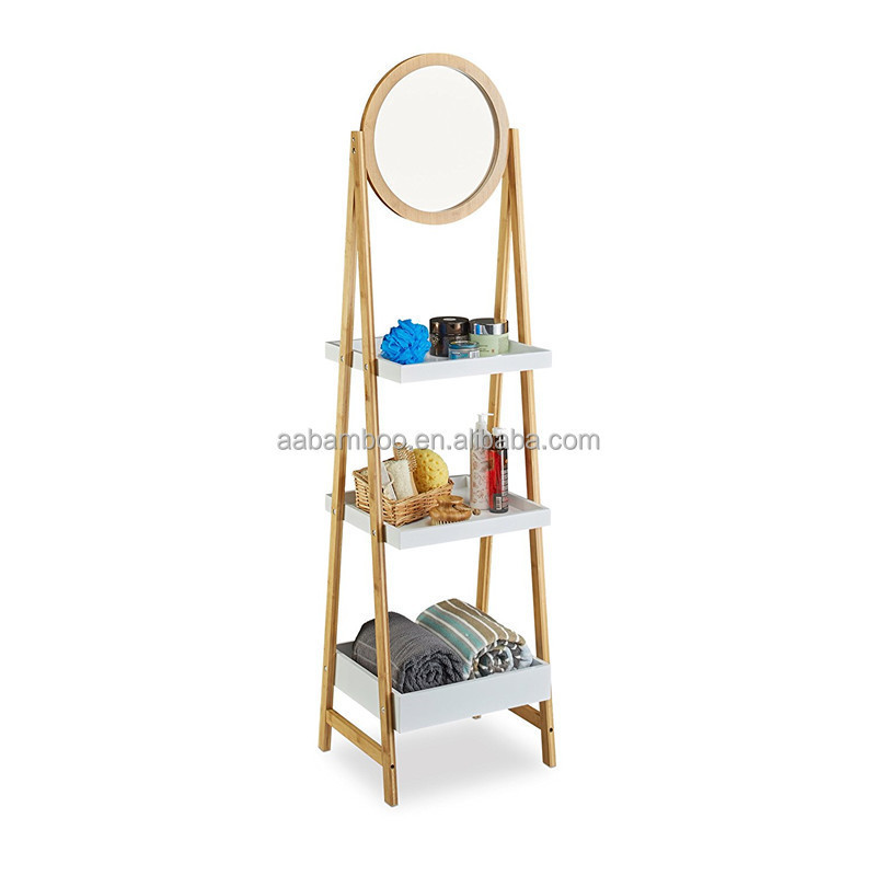 3 tiers Bamboo Ladder Bathroom Storage Shelf with Mirror