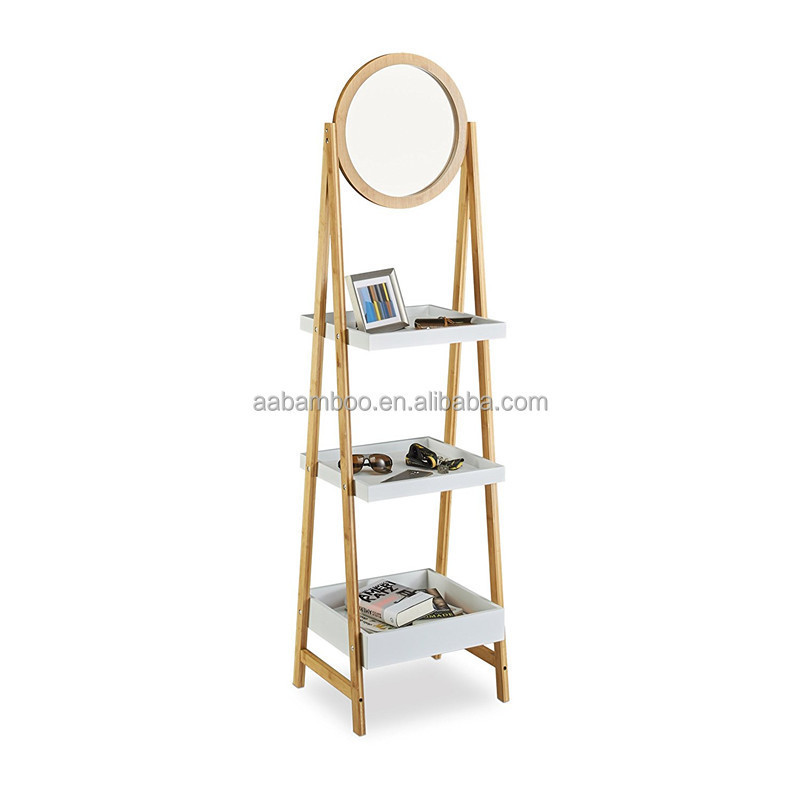 3 tiers Bamboo Ladder Bathroom Storage Shelf with Mirror