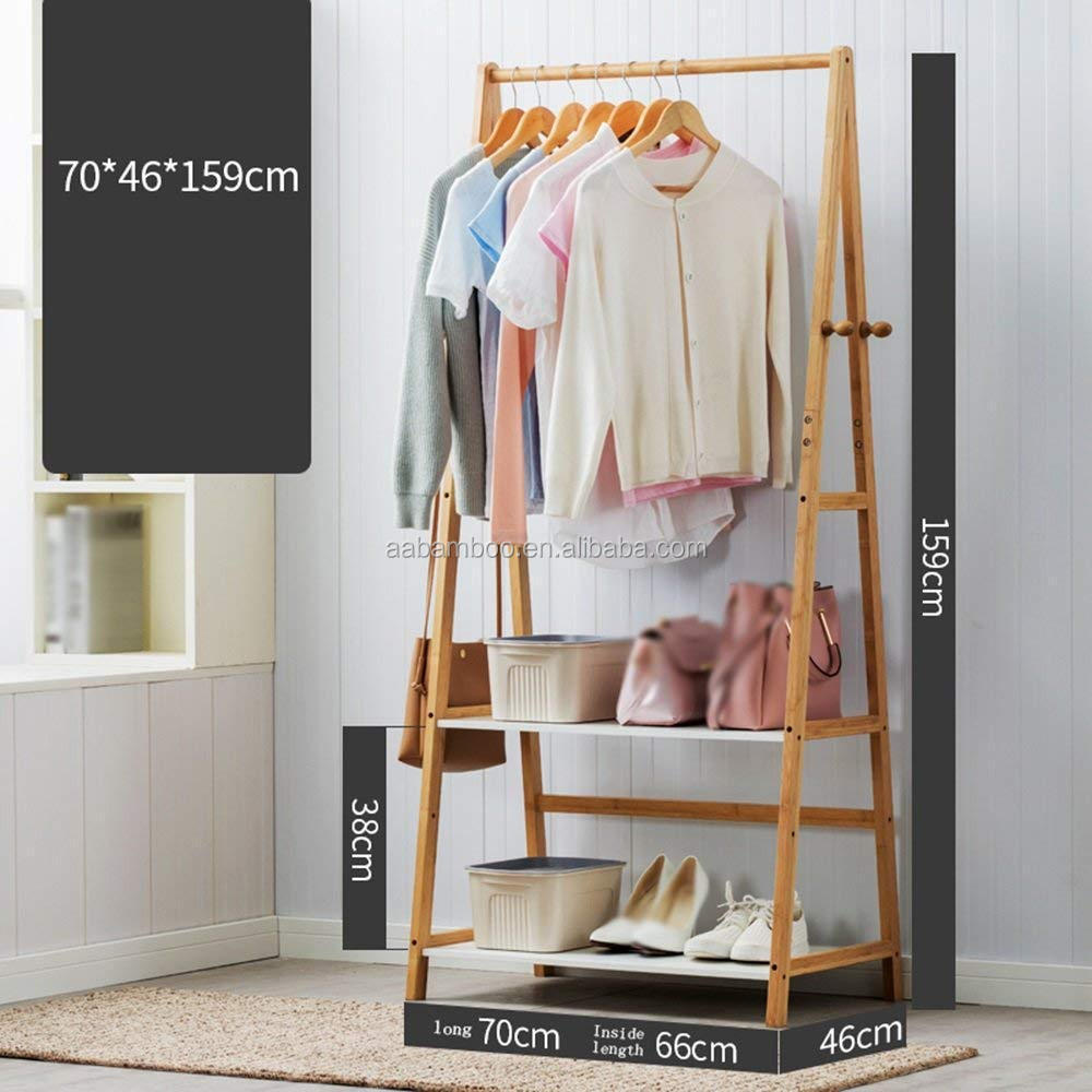 Bamboo clothes hanging wooden coat hanger rack stand with shelf