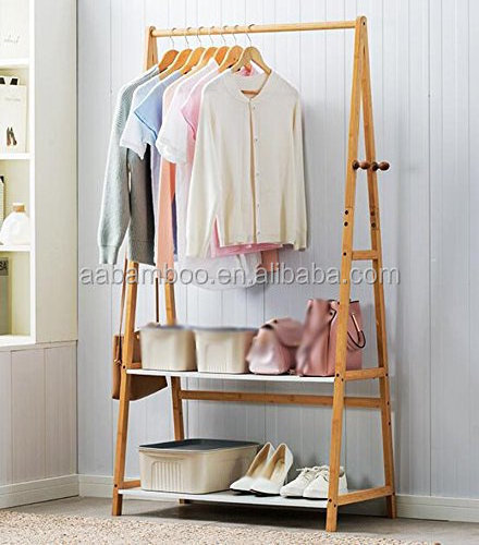 Bamboo clothes hanging wooden coat hanger rack stand with shelf