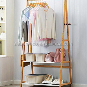 Bamboo clothes hanging wooden coat hanger rack stand with shelf