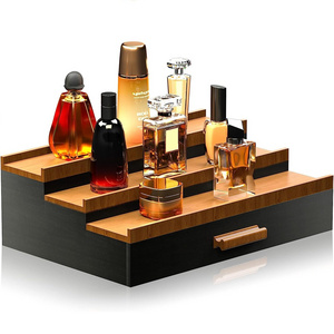 Custom bamboo elevated display shelf racks wooden cologne organizer for men 3 tier perfume organizer with drawer storage