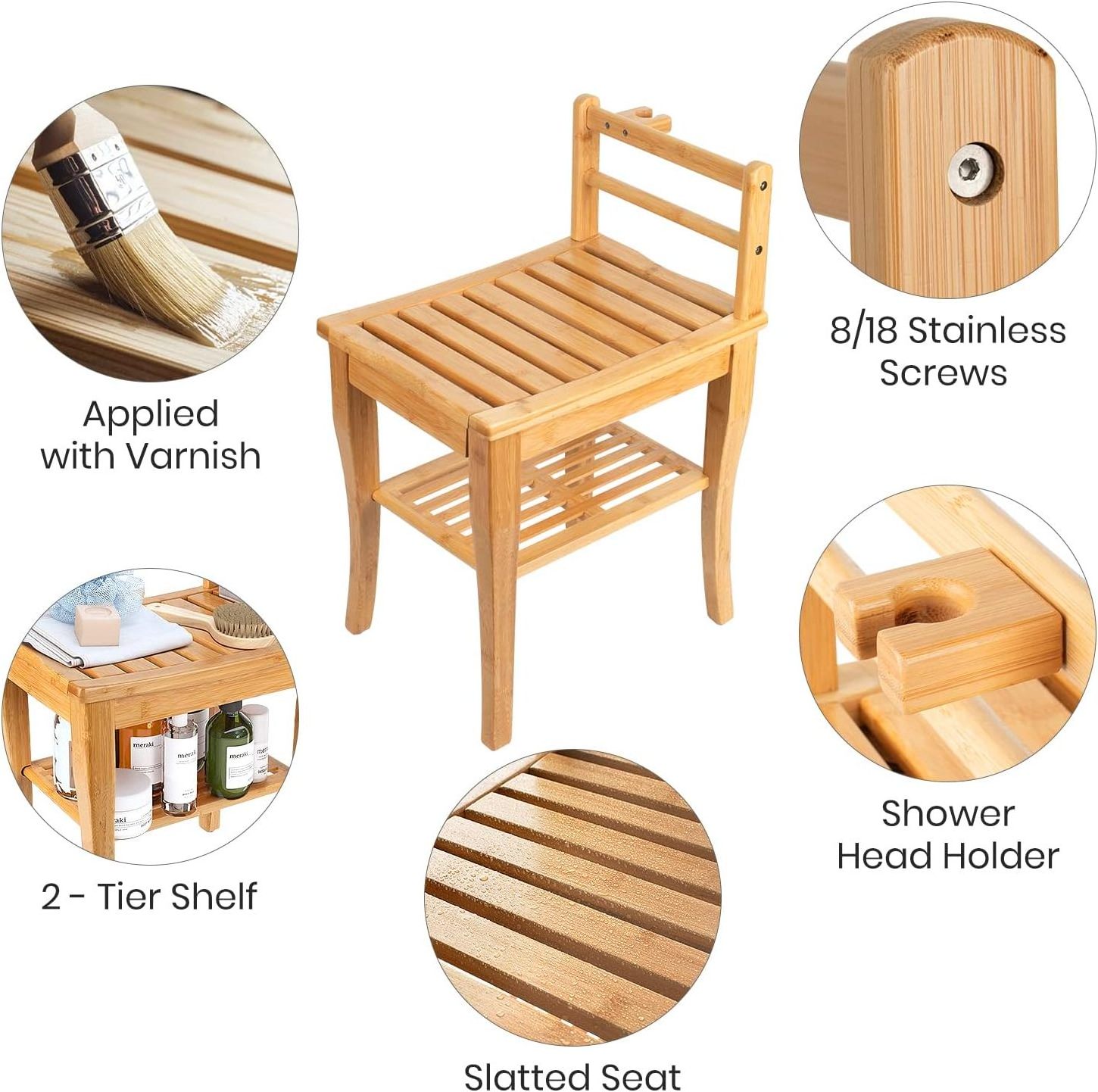 Bamboo bathroom modern elderly shower bench chair wood shower seat bath stool with back