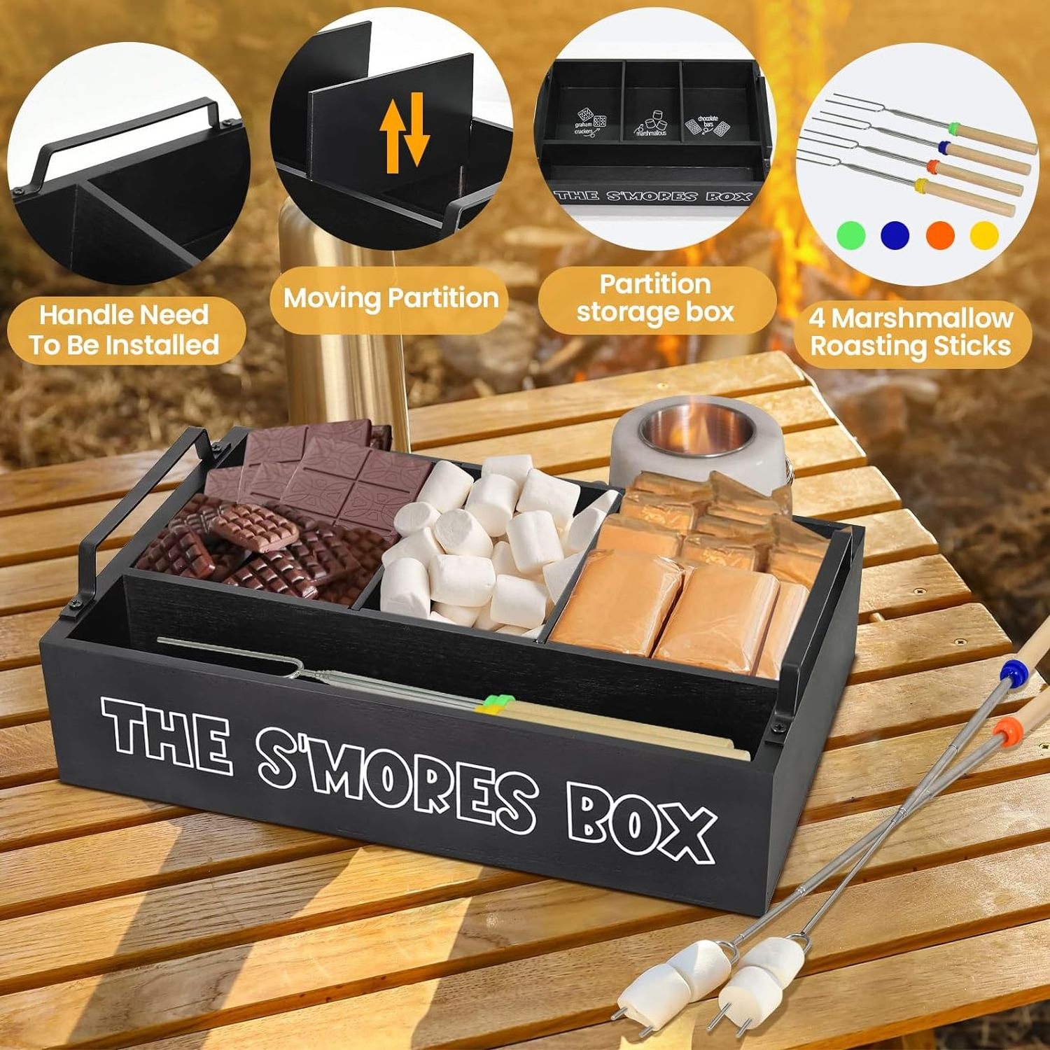 Bamboo smores stick set caddy for fire pit and smores roasting station bar holder wooden box