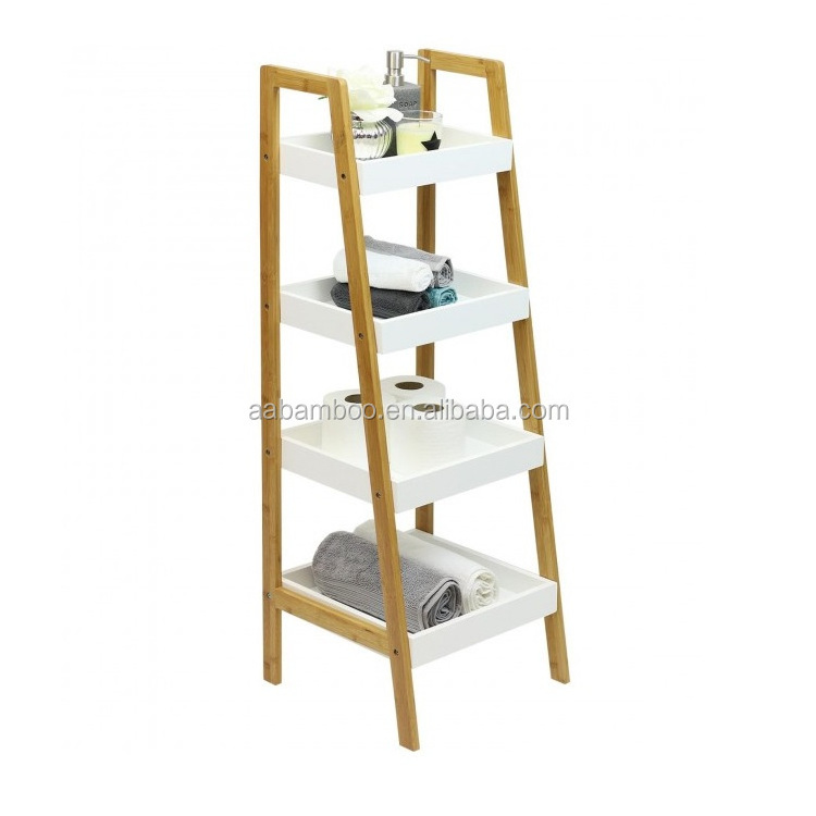 Amazon hot selling decoration white 4 tier display bamboo wood plants stand outdoor indoor ladder shelf