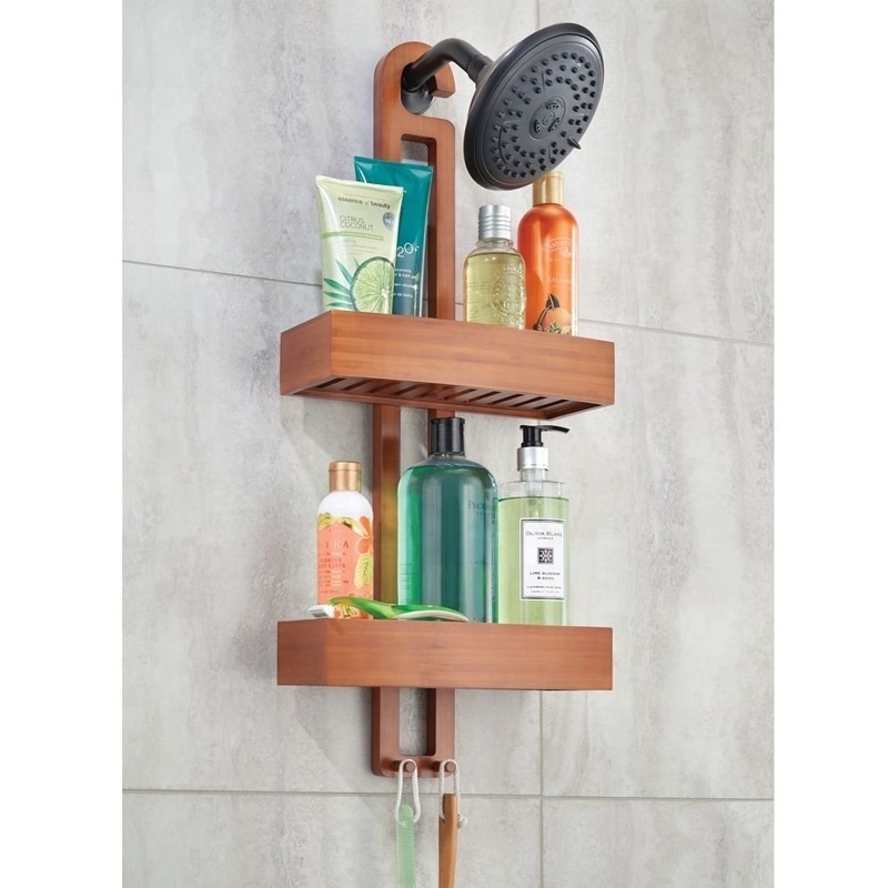 Wooden shower caddy shelf bamboo wall mounted hanging bathroom shower caddy