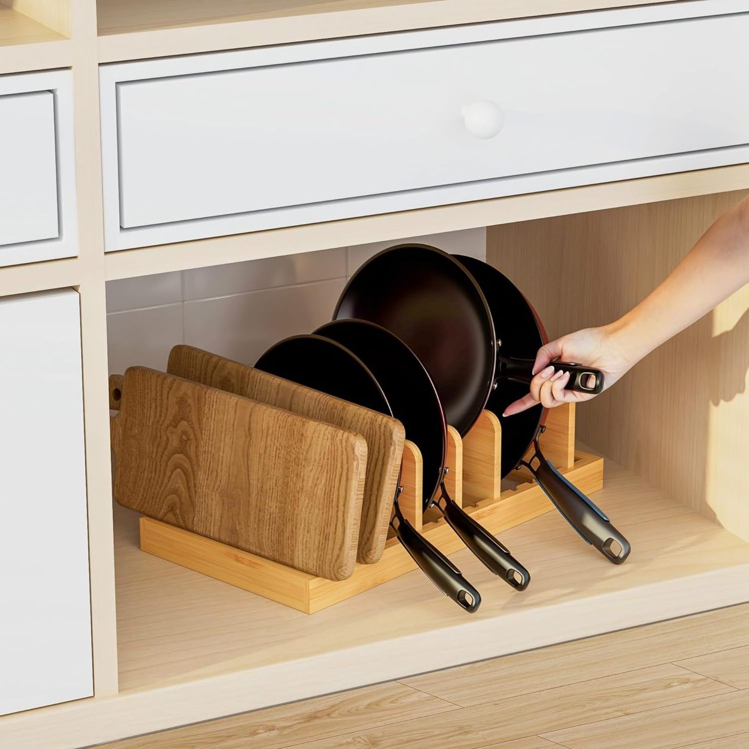 Countertop kitchen storage adjustable pan plate rack holder and bamboo lids pots organizer