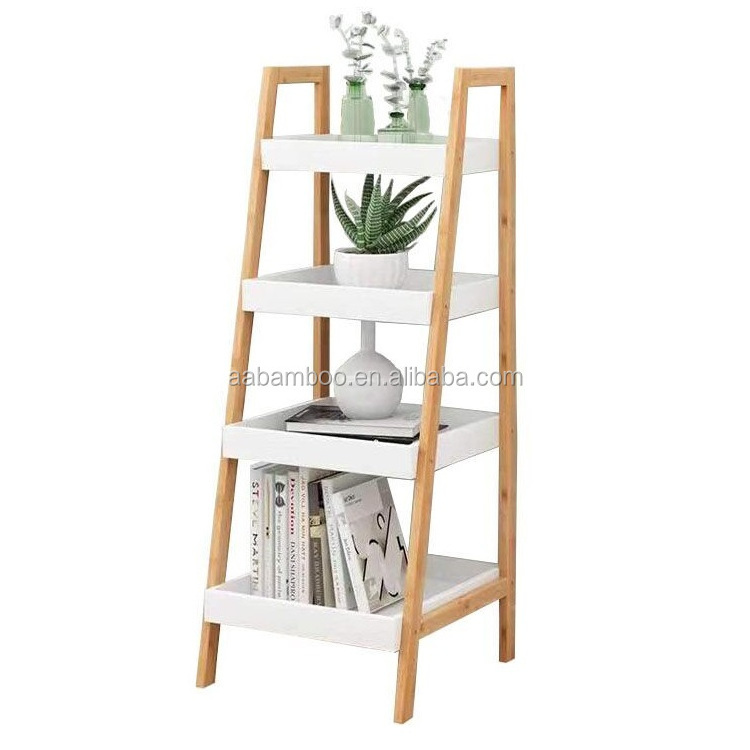 Amazon hot selling decoration white 4 tier display bamboo wood plants stand outdoor indoor ladder shelf