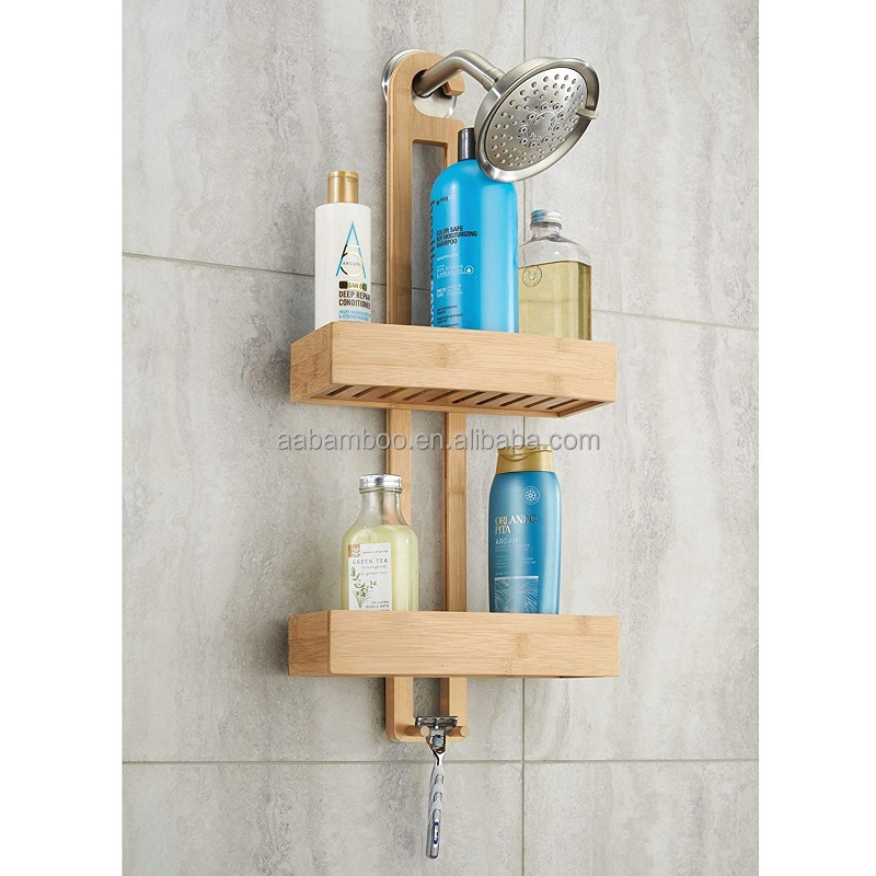 Wooden shower caddy shelf bamboo wall mounted hanging bathroom shower caddy