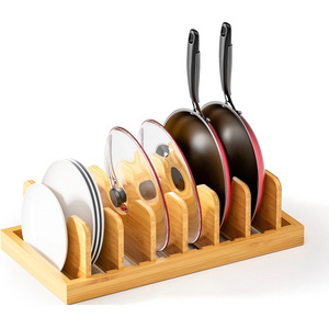 Countertop kitchen storage adjustable pan plate rack holder and bamboo lids pots organizer