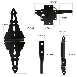 Rhetech Heavy Duty 8" Decorative Strap Hinges and Spring Loaded Latch Black Wood Gate Hardware Set Kit for Outdoor Fence Swing