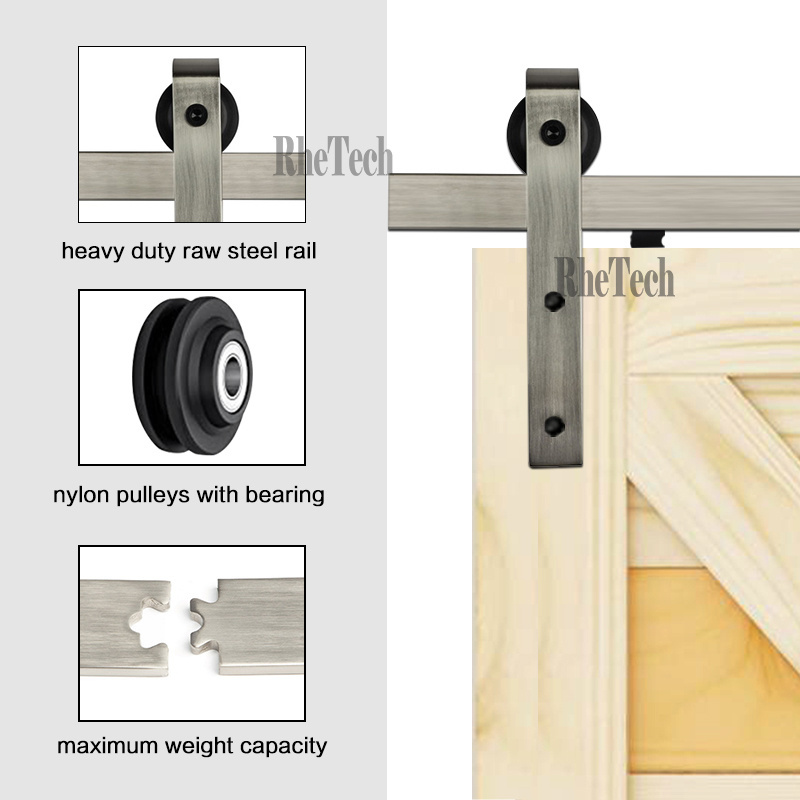 Rhetech Barn Door Hardware With Soft Close Tracking Door Hardware 5Ft 8Ft Silver Wrought Iron Sliding Barn Door Hardware Set