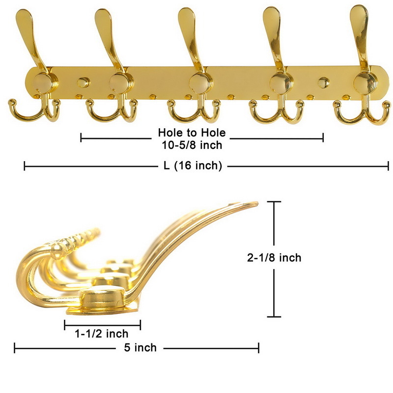 Golden Coat Rack Heavy Duty Wall Mounted Hat Towel Purse Robes Mudroom Bathroom Entryway Stainless Steel Metal Row Hooks