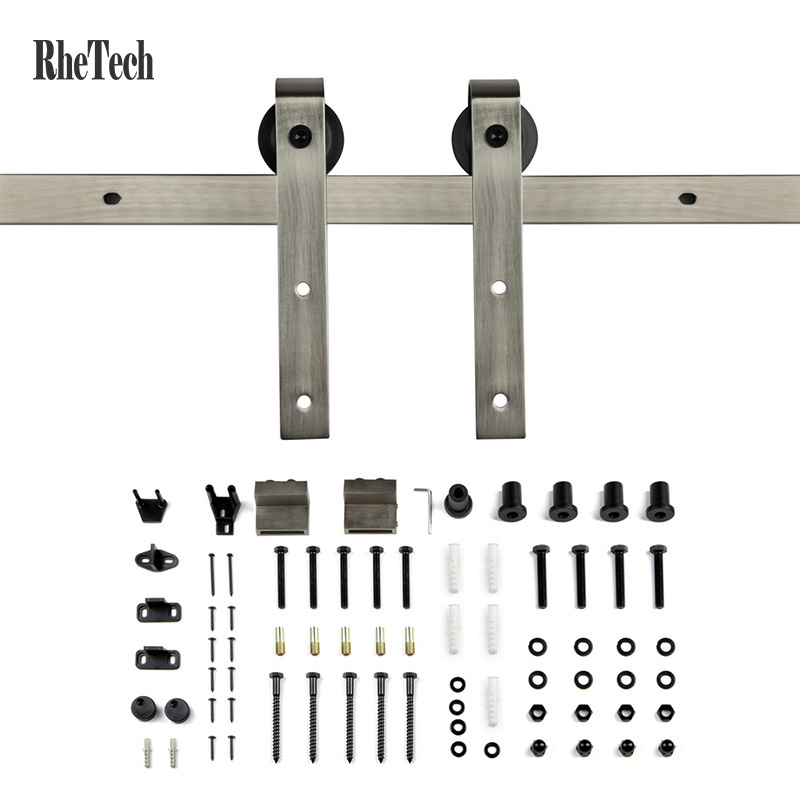 Rhetech Barn Door Hardware With Soft Close Tracking Door Hardware 5Ft 8Ft Silver Wrought Iron Sliding Barn Door Hardware Set