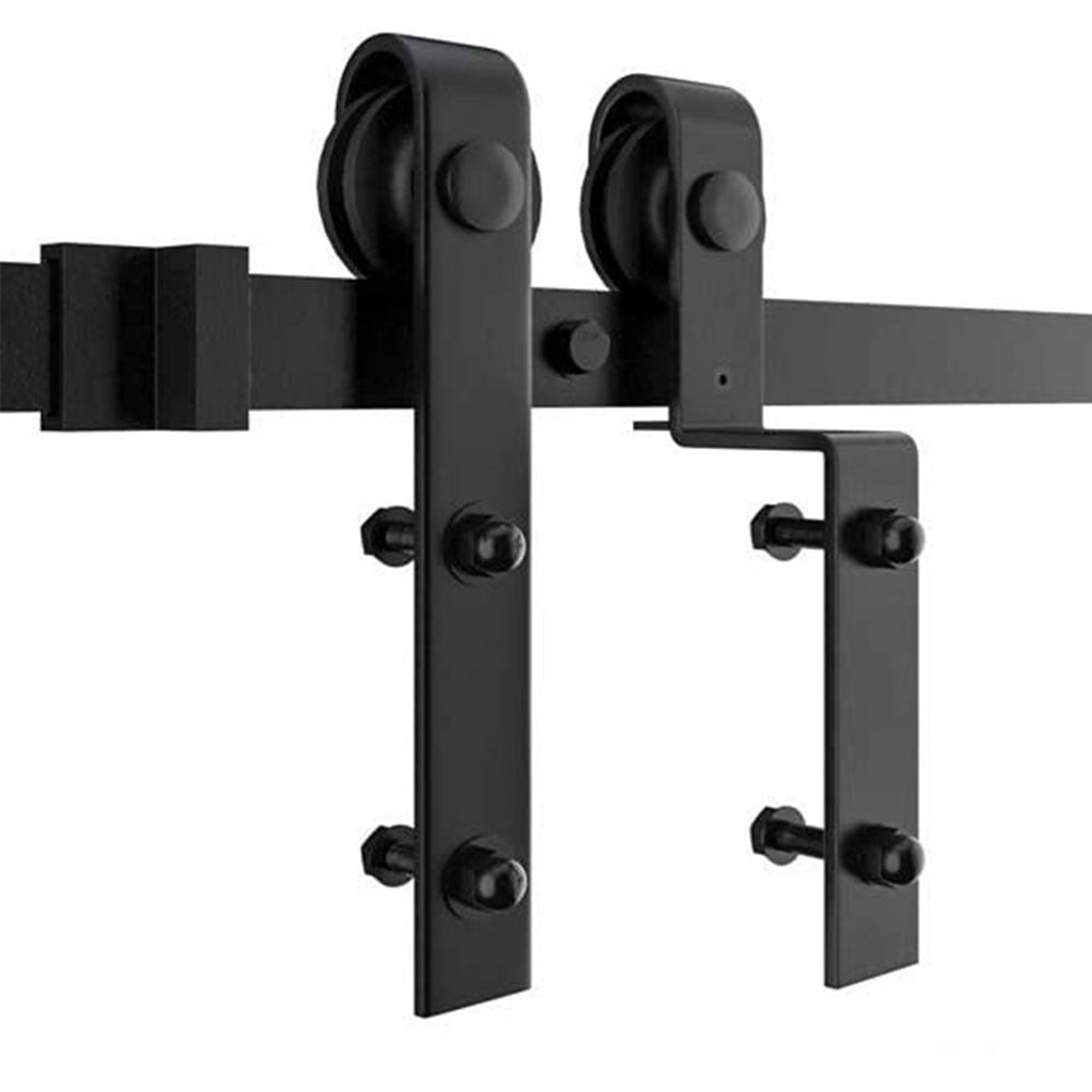 RHTECH 6.6FT Bypass Barn Door Slides Hardware Kit for Modern Double-Acting Door Black Carbon Steel Track Bent Hanger System