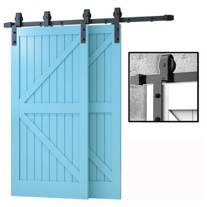 RHTECH 6.6FT Bypass Barn Door Slides Hardware Kit for Modern Double-Acting Door Black Carbon Steel Track Bent Hanger System