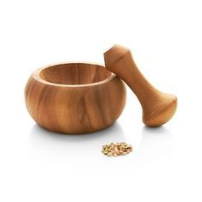 Large wooden mortar and pestle has items of garlic masher bowl, granite mortar and mortar salt.