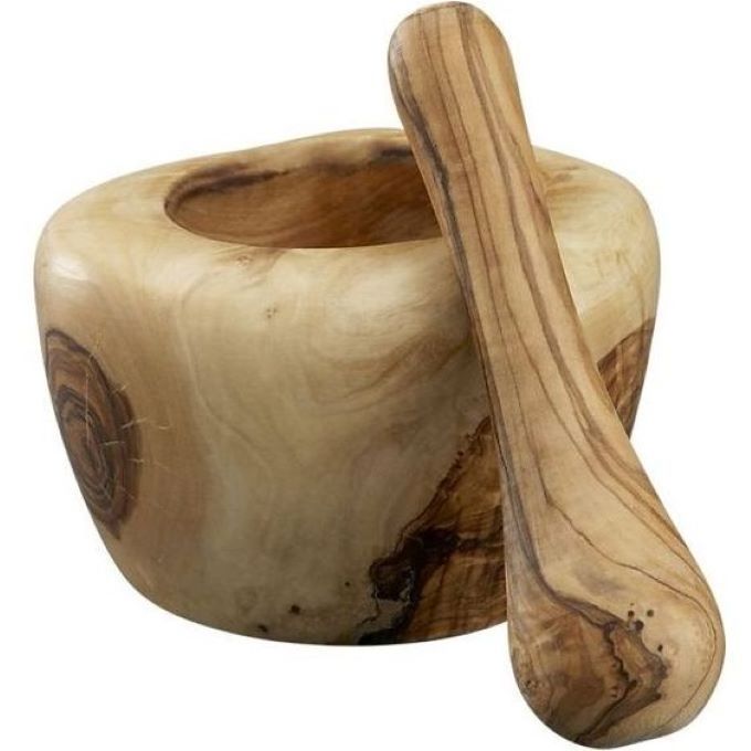 Large wooden mortar and pestle has items of garlic masher bowl, granite mortar and mortar salt.