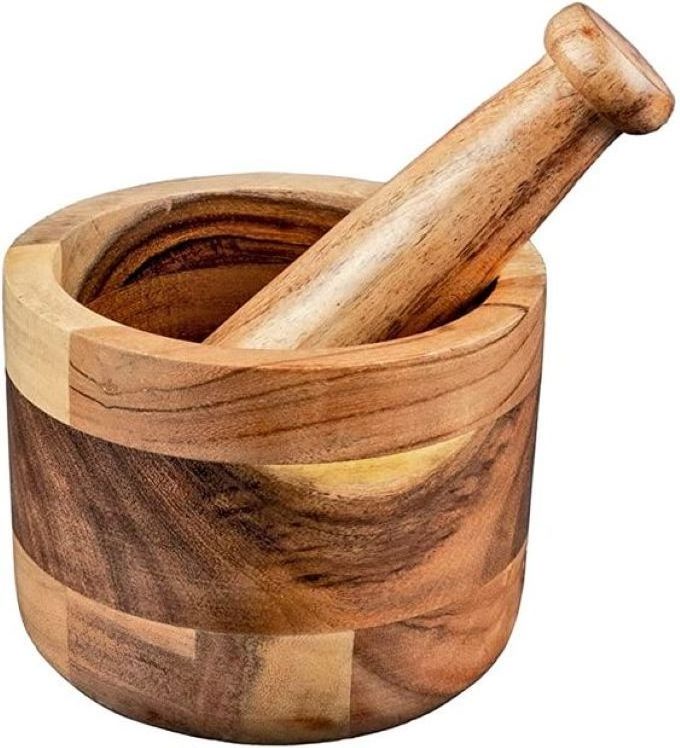 Large wooden mortar and pestle has items of garlic masher bowl, granite mortar and mortar salt.