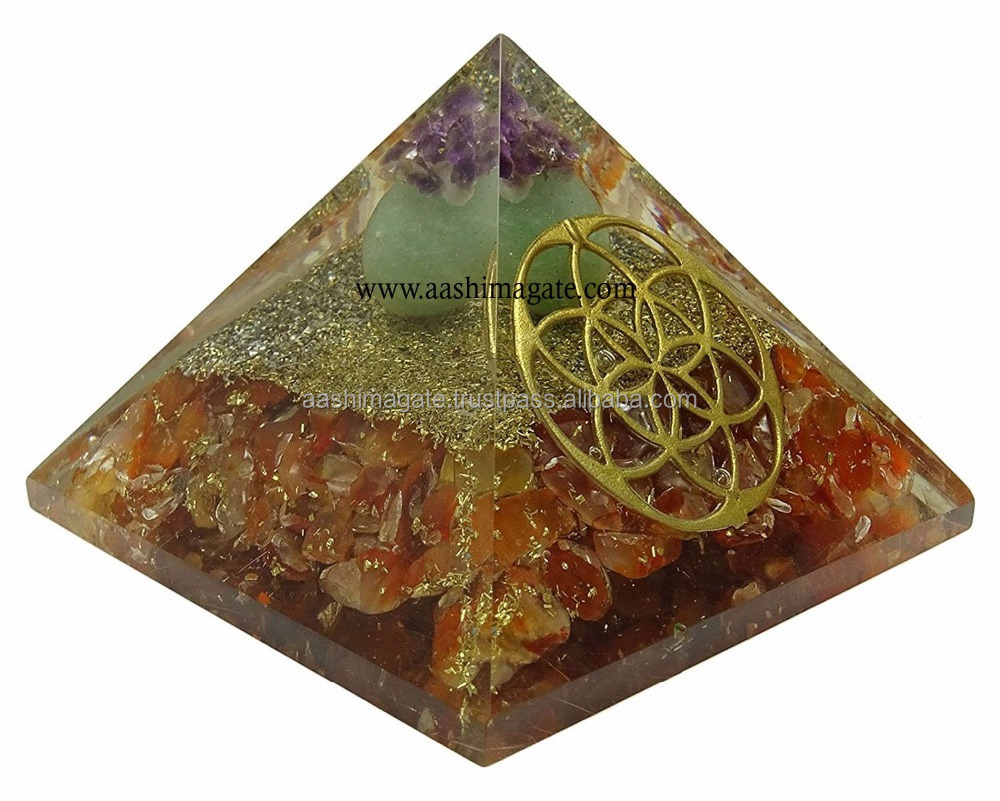 Red Carnelian Orgone pyramids with metal flower of life : orgone healing energy pyramids