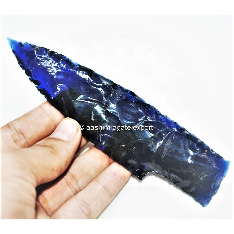 Latest 5 Inch Blue Color Glass Arrowheads Knife Blades Wholesale Crystal Crafts Reiki Rocks Jade Minerals Feng Shui Glass Knife