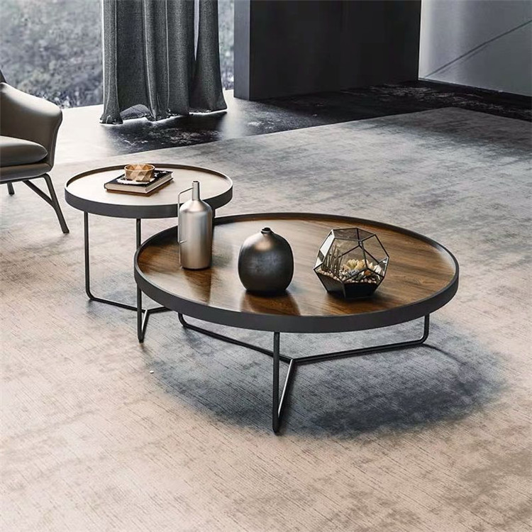 Chinese style farmhouse coffee table and end table set metal frame bent plywood walnut veneer mdf top center table