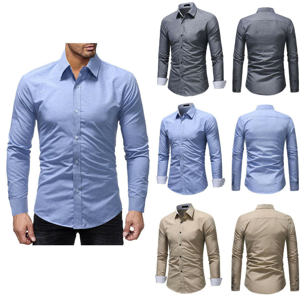 Wholesale Men's Long Sleeve Blue Oxford Dress Shirt with Left Chest Pocket Cotton Male Casual Solid Button Down Shirts