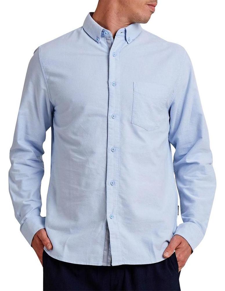 Wholesale Men's Long Sleeve Blue Oxford Dress Shirt with Left Chest Pocket Cotton Male Casual Solid Button Down Shirts