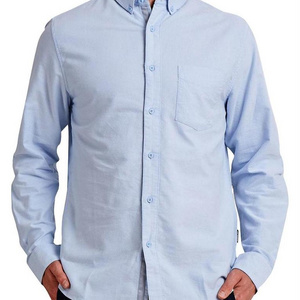 Wholesale Men's Long Sleeve Blue Oxford Dress Shirt with Left Chest Pocket Cotton Male Casual Solid Button Down Shirts