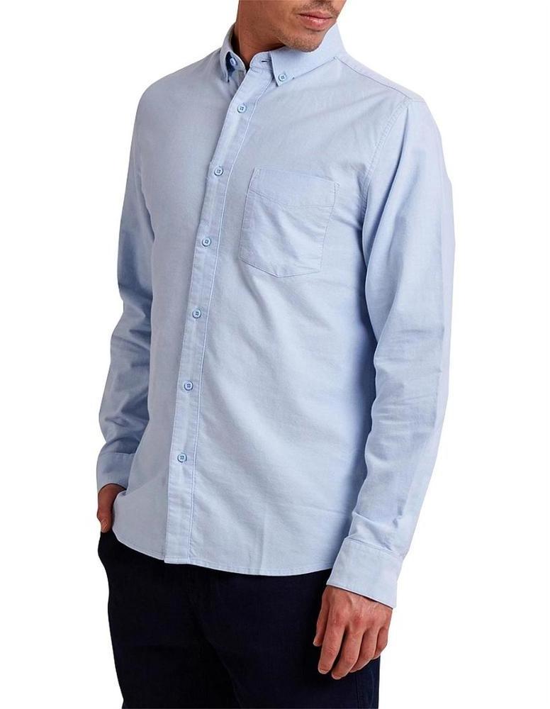 Wholesale Men's Long Sleeve Blue Oxford Dress Shirt with Left Chest Pocket Cotton Male Casual Solid Button Down Shirts