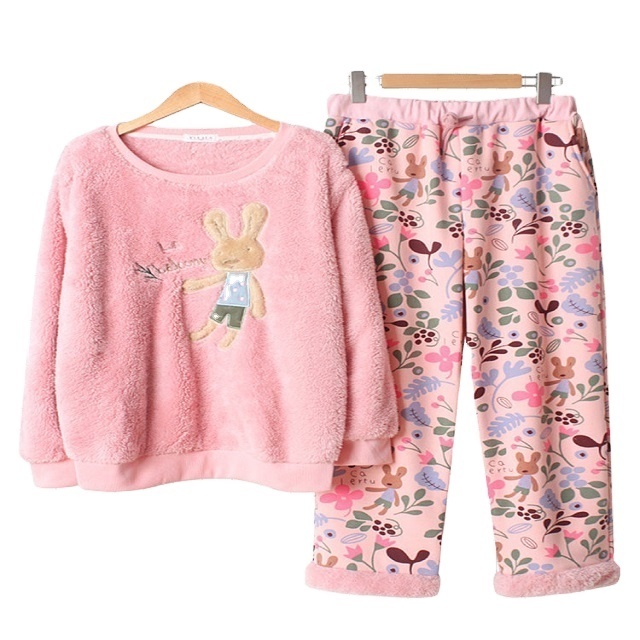 High quality casual home wear womens Cute Cotton Pajamas Long Sets Cartoon Print Thickened Plush Sleepwear For Winter Spring