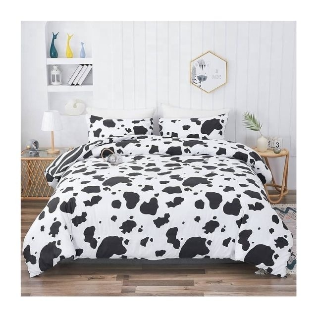 Abstract Cow Print Embroidered Twin Size 3 Pieces Cow Bedding Set With 2 Pillowcases Black & White Comforter Cover Bedroom Decor