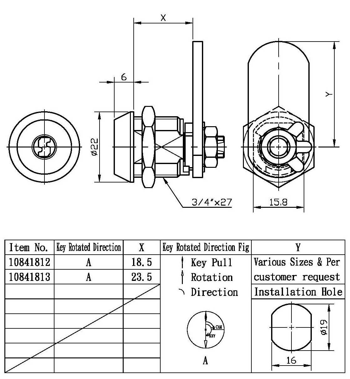 Vending ATM Machine lock cylinder Finland Key Cam lock with flat key for Metal Cabinet