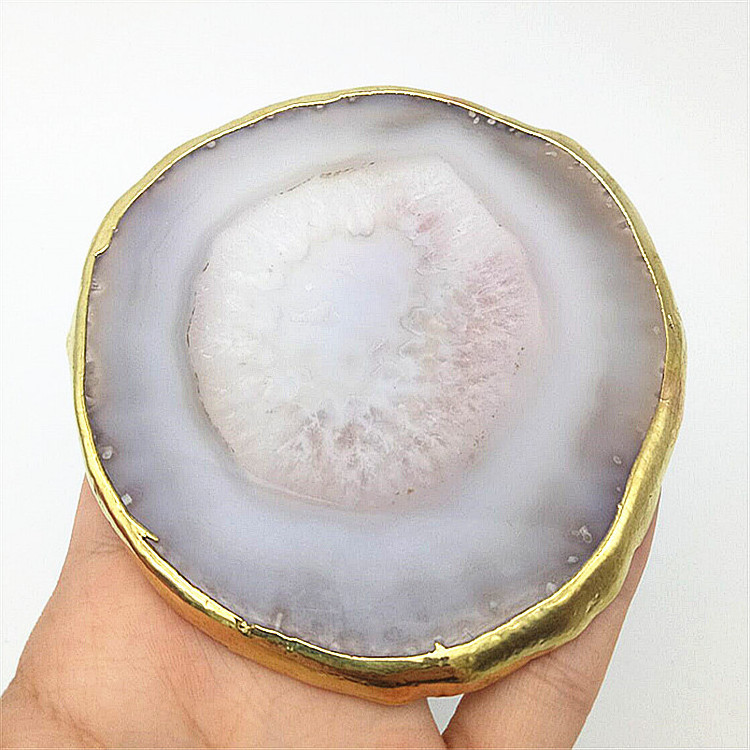 Gold Rim Agate Coaster Gray Slices Polished Crystal Natural Gemstone Flower Pot Engraving Folk Art  Carved China