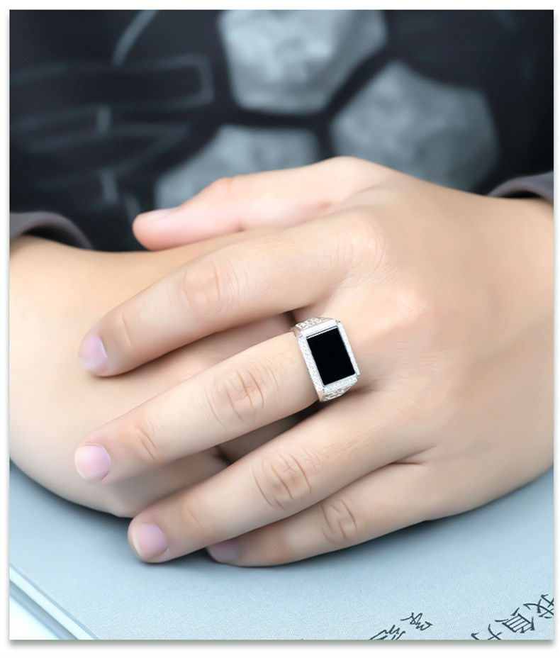 Natural Resizable S925 Silver mosaic natural graphite A jadeite jade saddle ring male ring and jade fashion ring for men