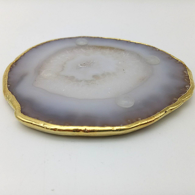 Gold Rim Agate Coaster Gray Slices Polished Crystal Natural Gemstone Flower Pot Engraving Folk Art  Carved China