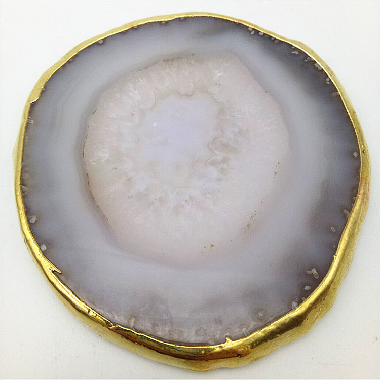 Gold Rim Agate Coaster Gray Slices Polished Crystal Natural Gemstone Flower Pot Engraving Folk Art  Carved China