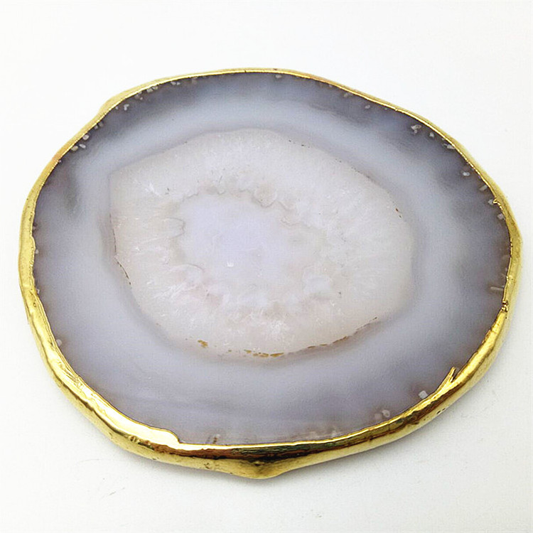 Gold Rim Agate Coaster Gray Slices Polished Crystal Natural Gemstone Flower Pot Engraving Folk Art  Carved China