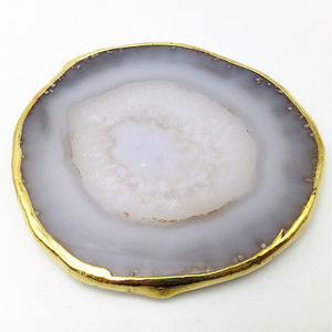 Gold Rim Agate Coaster Gray Slices Polished Crystal Natural Gemstone Flower Pot Engraving Folk Art  Carved China