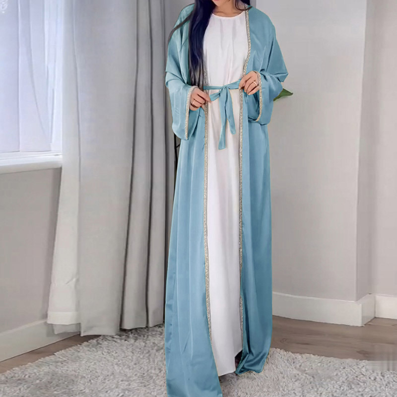 2023 OEM Designs Eid Dubai Islamic Elegant Modest Open Abaya Inner Slip Dress Set Diamond Satin Silk Abaya Women Muslim Dress