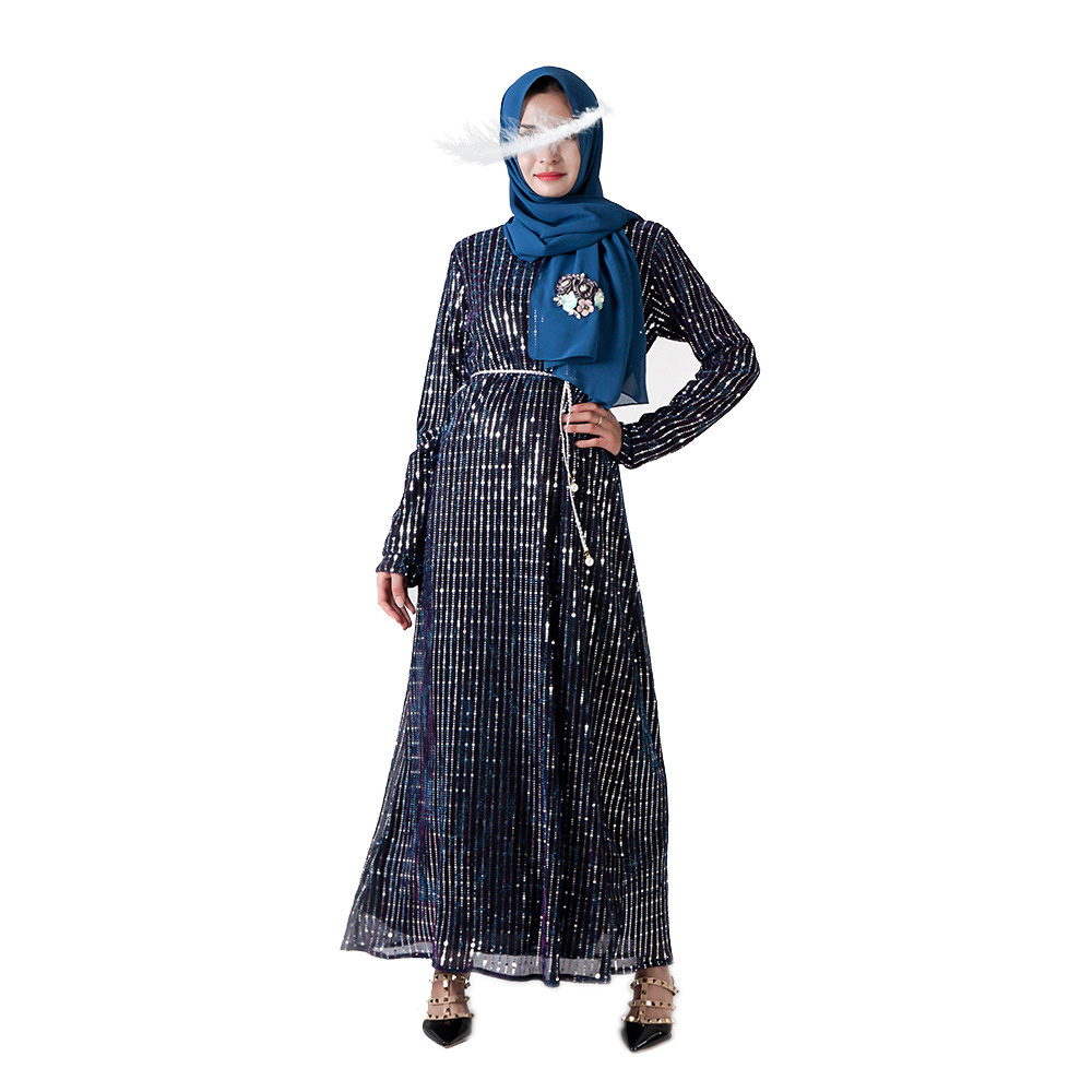 Women's long skirt silk turkish abaya for sale  fashion elegant sequins dress Arab Middle East Muslim women's Dresses