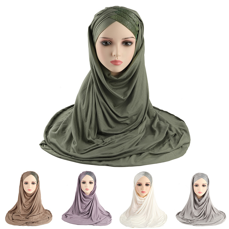 Winter Sequins Glitter Shimmer Forehead Cross Islamic Women Muslim Rhinestone Scarf Ready to Wear Turban Hijab