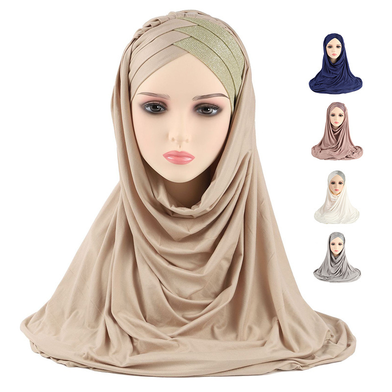 Winter Sequins Glitter Shimmer Forehead Cross Islamic Women Muslim Rhinestone Scarf Ready to Wear Turban Hijab