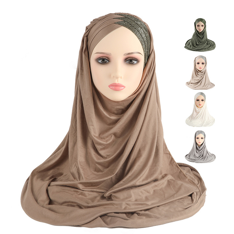 Winter Sequins Glitter Shimmer Forehead Cross Islamic Women Muslim Rhinestone Scarf Ready to Wear Turban Hijab