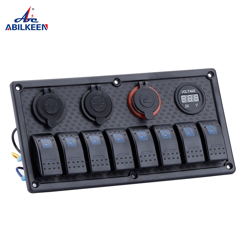 Marine Boat Yacht Waterproof Black 8-Gang Blue Red Led Rocker Switch Panel For Caravan