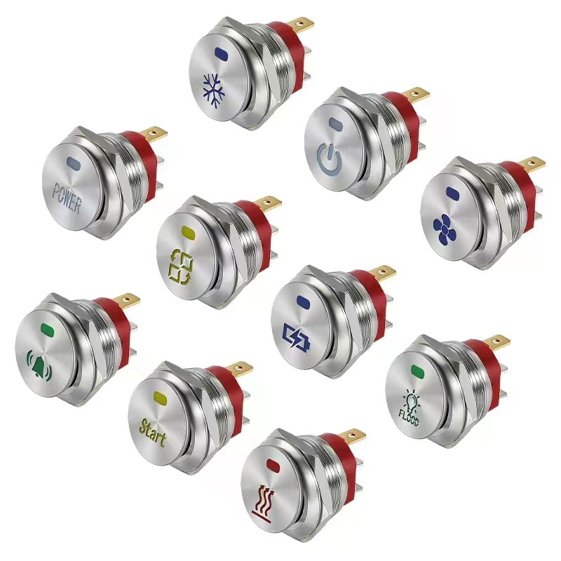 2023 New Product ON-OFF Latching Type Metal Rocker Switch 22MM Round Flat Head Push Button Switch with Dot LED Light