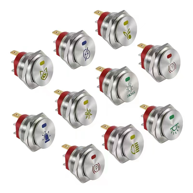 2023 New Product ON-OFF Latching Type Metal Rocker Switch 22MM Round Flat Head Push Button Switch with Dot LED Light