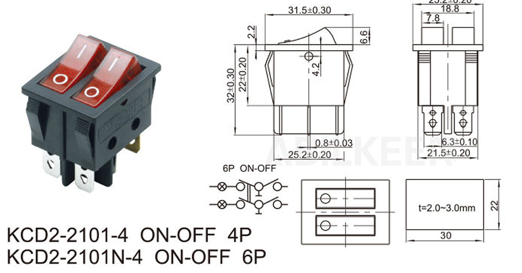 ABILKEEN Hot Selling Lens LED Illuminated 2 Pole Double ON-OFF Rectangle Shape Button Medium Rocker Switch with 6 Pin Terminal