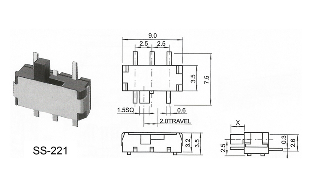 SS-222 sliding door contact switches aluminum 3 position slide switch